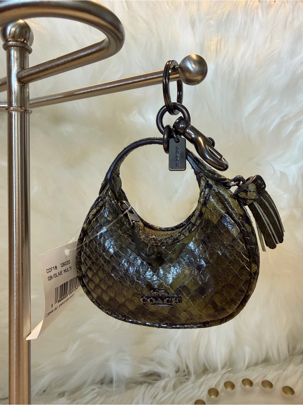 COACH Carmen Bag Charm Olive Snake Skin Design Dark Metal CCF18